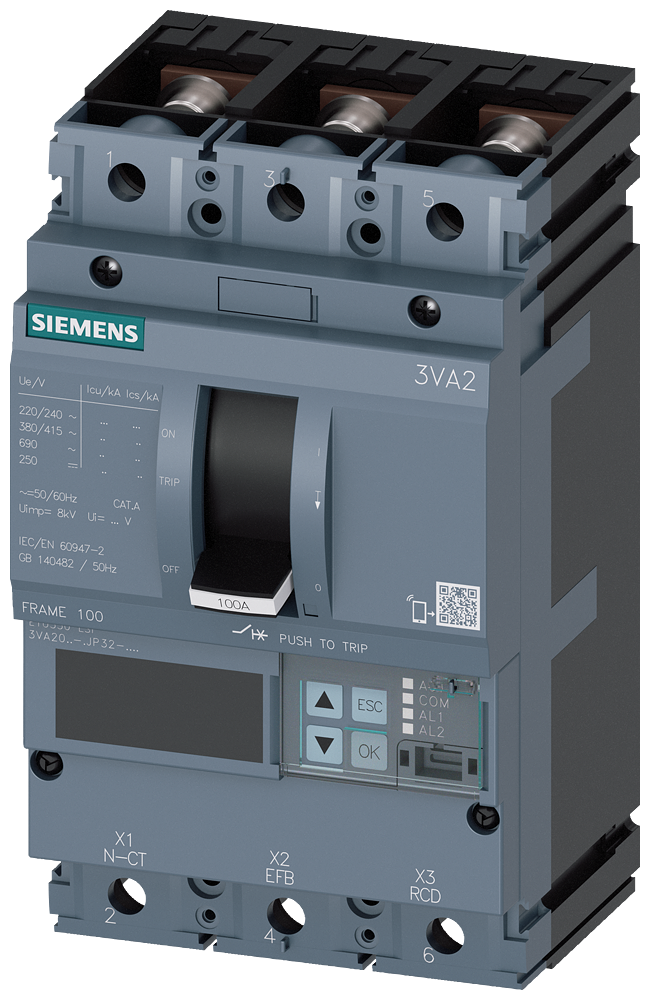 Siemens MCCB_3VA20_3P_55KA_ETU550,LSI,IN=100A,IR=40A-100A,ISD=0,6-10XIN,II=1,5-12XIN,B
