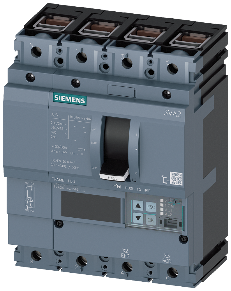 Siemens MCCB_3VA20_4P_55KA_ETU550_,LSI,IN=100A,IR=40A-100A,ISD=0,6-10XIN,II=1,5-12XIN,terminal Cu