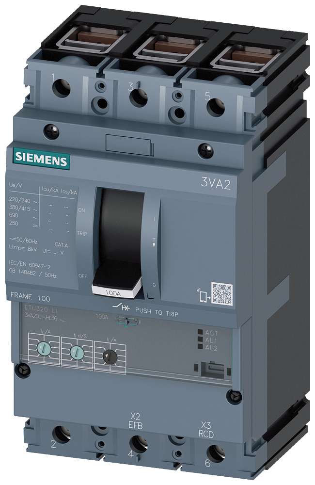 Siemens MCCB_3VA20_3P_55KA_ETU320_,LI,IN=25A,IR=10A-25A,II=1,5-12XIN,terminal Cu
