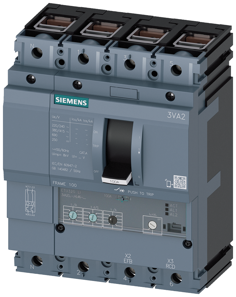 Siemens MCCB_3VA20_4P_55KA_ETU320_,LI,IN=25A,IR=10A-25A,II=1,5-12XIN,terminal Cu