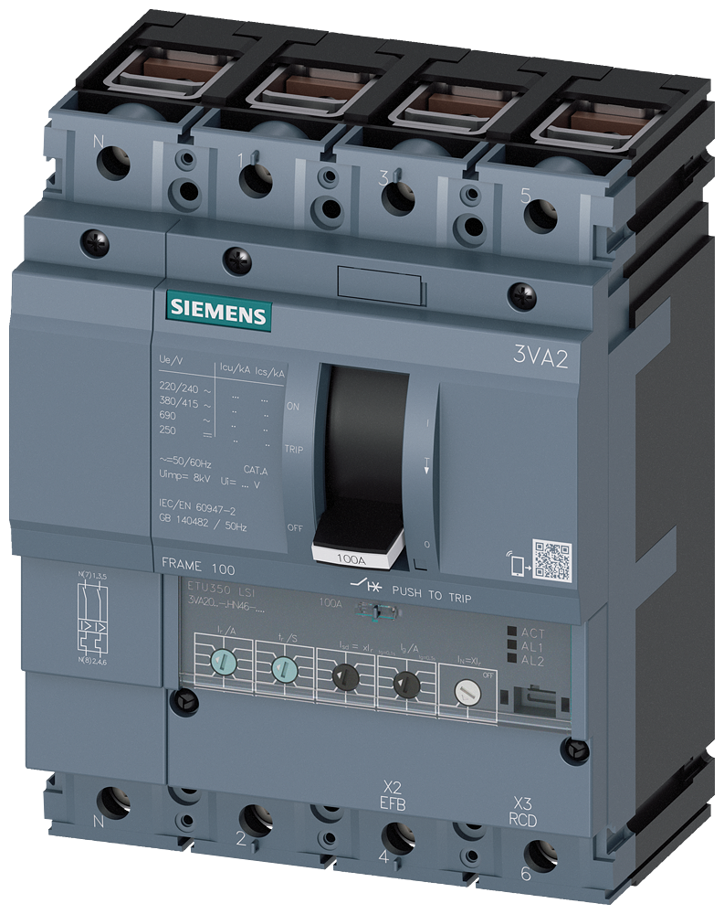 Siemens MCCB_3VA20_4P_55KA_ETU350_,LSI,IN=25A,IR=10A-25A,ISD=1,5-10XIR,II=12XIN,terminal Cu