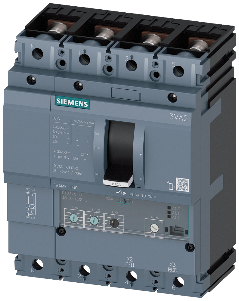 Siemens MCCB_3VA20_4P_55KA_ETU320,LI,IN=40A,IR=16A-40A,II=1,5-12XIN,B