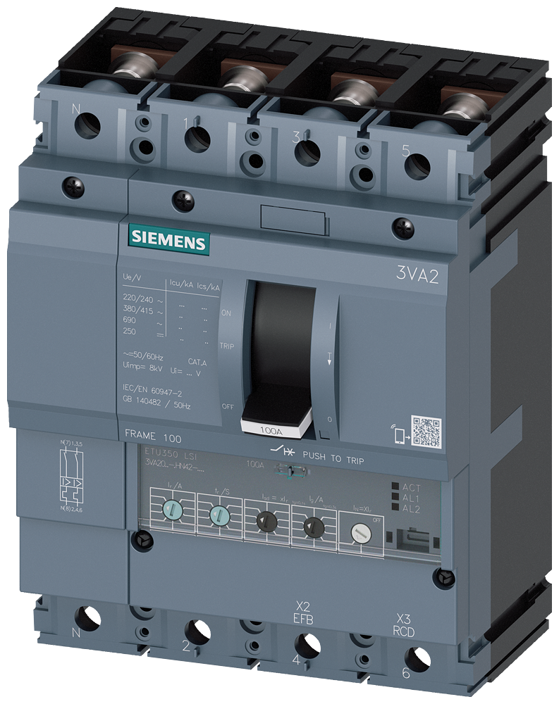 Siemens MCCB_3VA20_4P_55KA_ETU350,LSI,IN=40A,IR=16A-40A,ISD=1,5-10XIR,II=12XIN,B