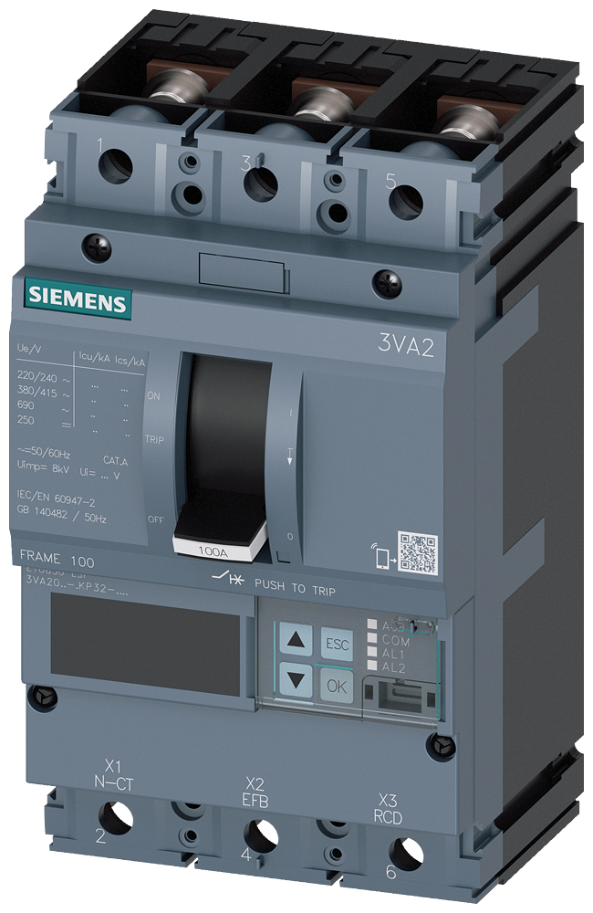 Siemens MCCB_3VA20_3P_55KA_ETU850,LSI,IN=63A,IR=25A-63A,ISD=0,6-10XIN,II=1,5-12XIN,B