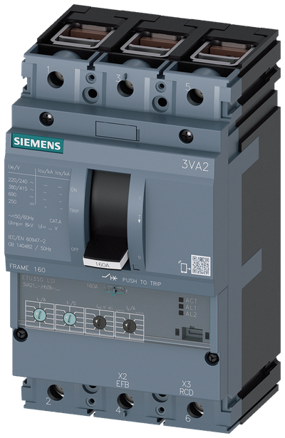 Siemens MCCB_3VA21_3P_55KA_ETU350_,LSI,IN=100A,IR=40A-100A,ISD=1,5-10XIR,II=12XIN,terminal Cu