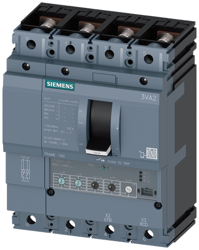 Siemens MCCB_3VA21_4P_55KA_ETU350,LSI,IN=100A,IR=40A-100A,ISD=1,5-10XIR,II=12XIN,,B