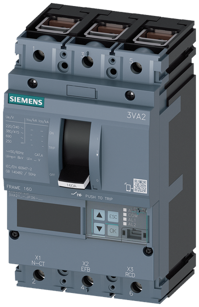 Siemens MCCB_3VA21_3P_55KA_ETU550_,LSI,IN=100A,IR=40A-100A,ISD=0,6-10XIN,II=1,5-12XIN,terminal Cu