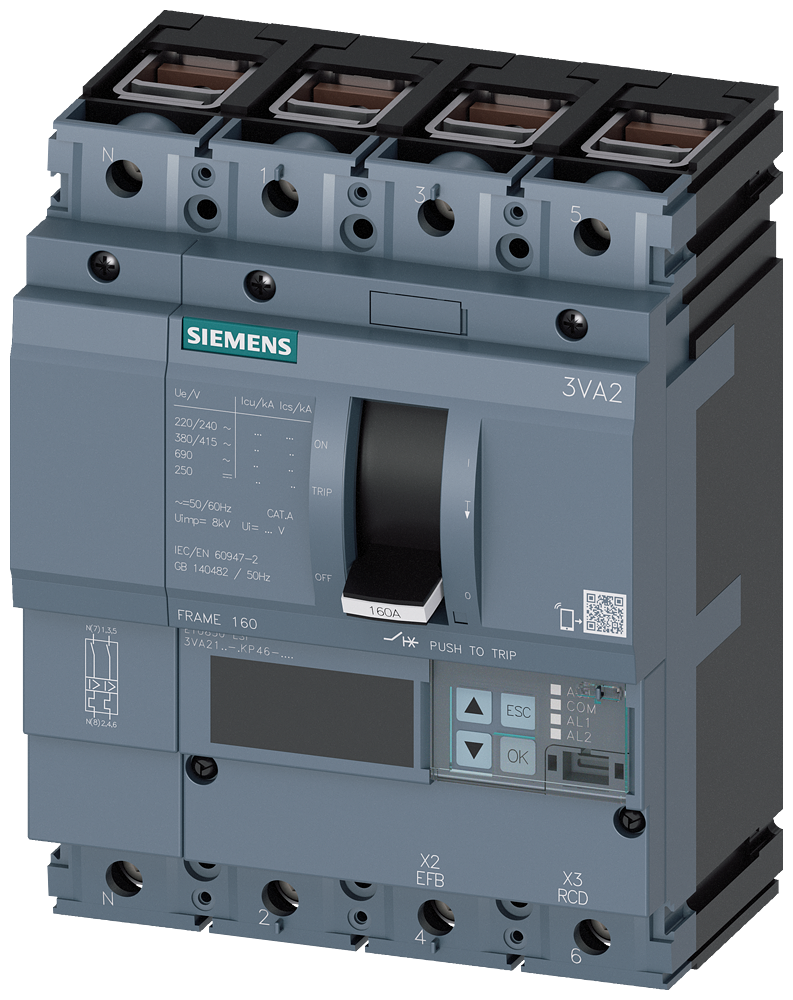 Siemens MCCB_3VA21_4P_55KA_ETU850_,LSI,IN=100A,IR=40A-100A,ISD=0,6-10XIN,II=1,5-12XIN,terminal Cu