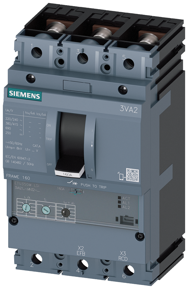 Siemens MCCB_3VA21_3P_55KA_ETU350M,LSI,IN=100A,IR=40A-100A,ISD=3-15XIR,II=15XIN,B