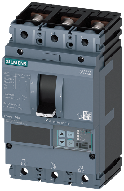Siemens MCCB_3VA21_3P_55KA_ETU860M,LSIG,IN=100A,IR=40A-100A,ISD=1,2-15XIN,II=15XIN,IG=0,2-1XIN,,B