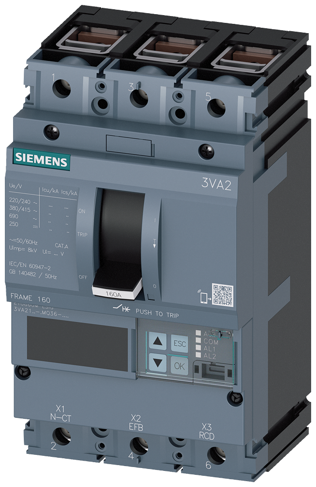 Siemens MCCB_3VA21_3P_55KA_ETU860M_,LSIG,IN=100A,IR=40A-100A,ISD=1,2-15XIN,II=15XIN,IG=0,2-1XIN,,terminal Cu