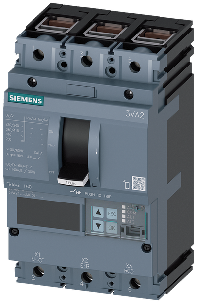 Siemens MCCB_3VA21_3P_55KA_ETU860M_,LSIG,IN=100A,IR=40A-100A,ISD=1,2-15XIN,II=15XIN,IG=0,2-1XIN,,terminal Cu