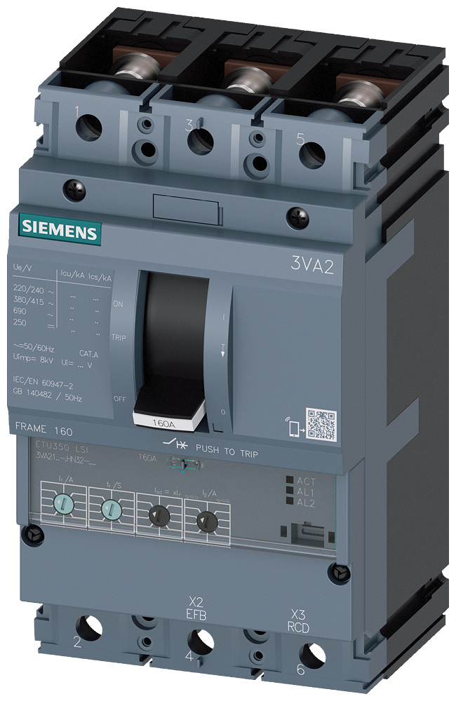 Siemens MCCB_3VA21_3P_55KA_ETU350,LSI,IN=25A,IR=10A-25A,ISD=1,5-10XIR,II=12XIN,B