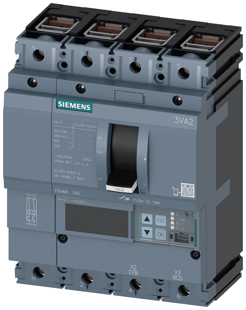 Siemens MCCB_3VA21_4P_55KA_ETU860_,LSIG,IN=25A,IR=10A-25A,ISD=0,6-10XIN,II=1,5-12XIN,IG=0,2-1XIN,terminal Cu