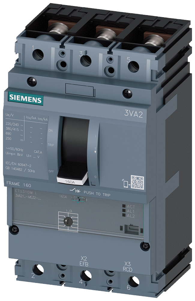 Siemens 3VA21, ETU310M, 3P, 25A, Bolt Connection, 70KA, II=75-375A, short-circuit protection/starter protection