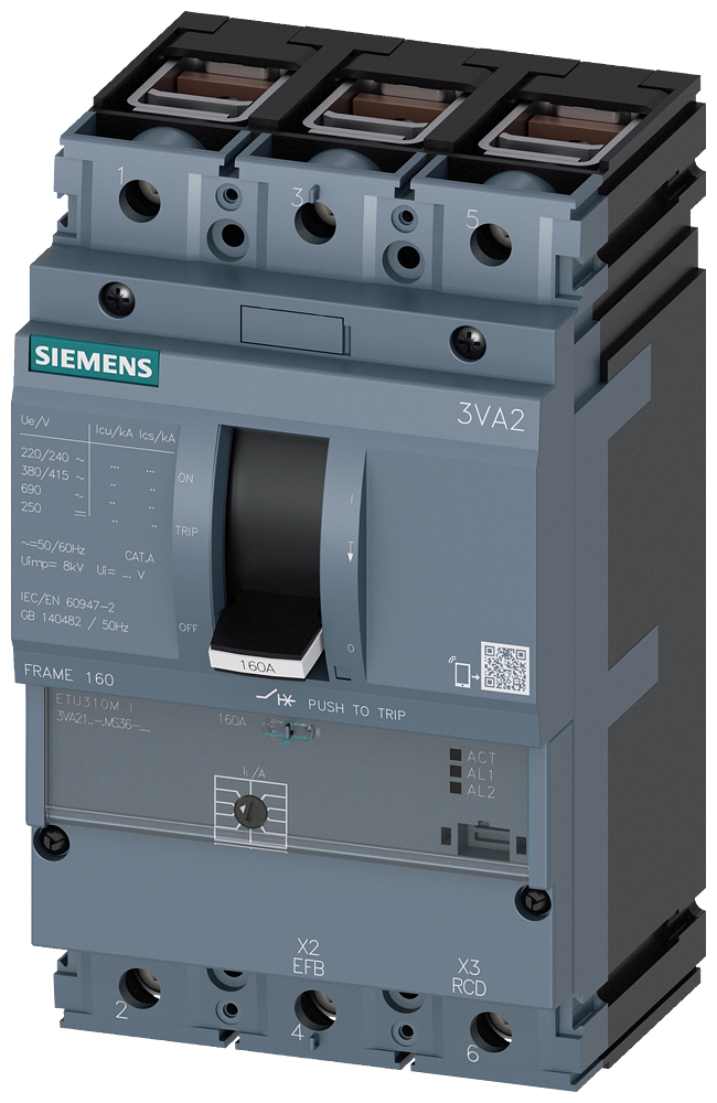 Siemens 3VA21, ETU310M, 3P, 25A, frame clamps for Cu,70KA, II=75-375A, short-circuit protection/starter protection