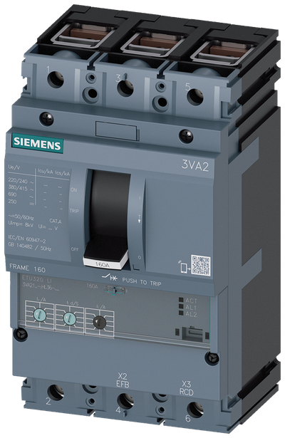 Siemens MCCB_3VA21_3P_55KA_ETU320_,LI,IN=40A,IR=16A-40A,II=1,5-12XIN,terminal Cu