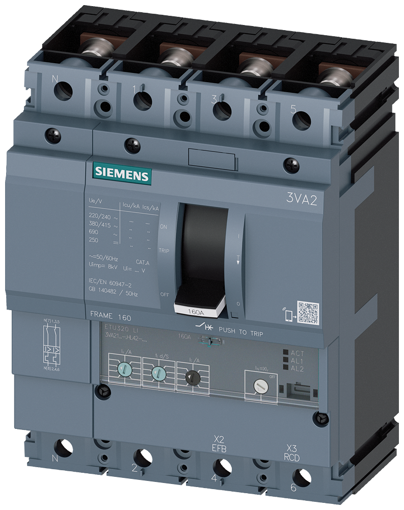 Siemens MCCB_3VA21_4P_55KA_ETU320,LI,IN=40A,IR=16A-40A,II=1,5-12XIN,B