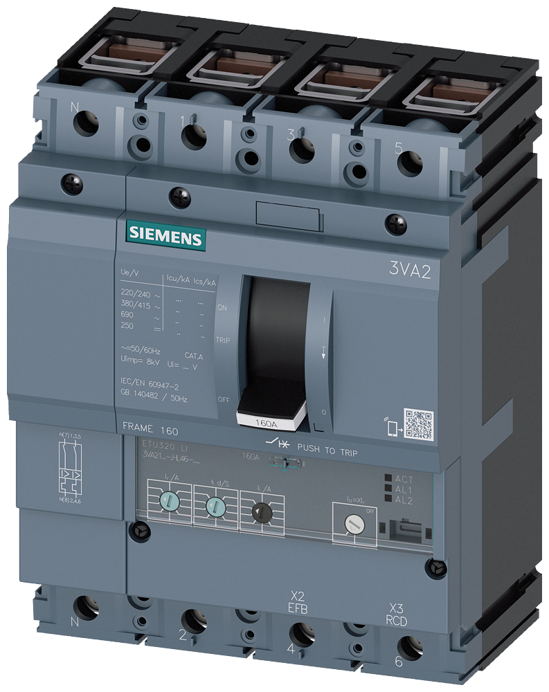 Siemens MCCB_3VA21_4P_55KA_ETU320_,LI,IN=40A,IR=16A-40A,II=1,5-12XIN,terminal Cu