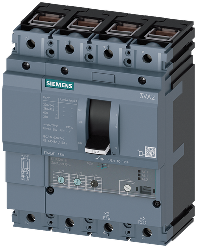 Siemens MCCB_3VA21_4P_55KA_ETU320_,LI,IN=40A,IR=16A-40A,II=1,5-12XIN,terminal Cu