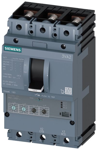 Siemens MCCB_3VA21_3P_55KA_ETU350,LSI,IN=40A,IR=16A-40A,ISD=1,5-10XIR,II=12XIN,B