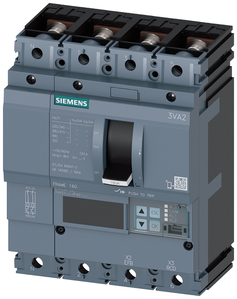 Siemens MCCB_3VA21_4P_55KA_ETU550,LSI,IN=40A,IR=16A-40A,ISD=0,6-10XIN,II=1,5-12XIN,B