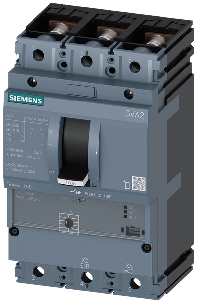 Siemens 3VA21, ETU310M, 3P, 40A, Bolt Connection, 70KA, II=120-600A, short-circuit protection/starter protection