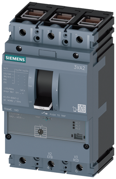Siemens 3VA21, ETU310M, 3P, 40A, frame clamps for Cu,70KA, II=120-600A, short-circuit protection/starter protection