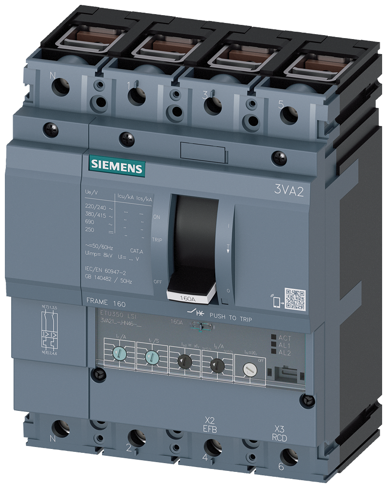 Siemens MCCB_3VA21_4P_55KA_ETU350_,LSI,IN=63A,IR=25A-63A,ISD=1,5-10XIR,II=12XIN,terminal Cu