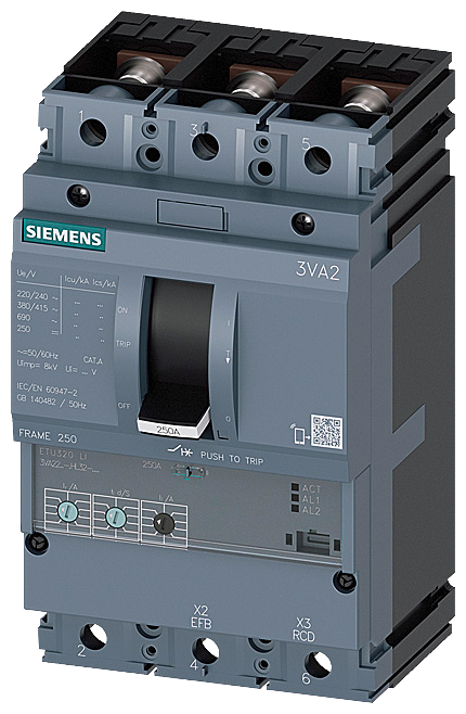 Siemens MCCB_3VA22_3P_55KA_ETU320,LI,IN=160A,IR=64A-160A,II=1,5-12XIN,B