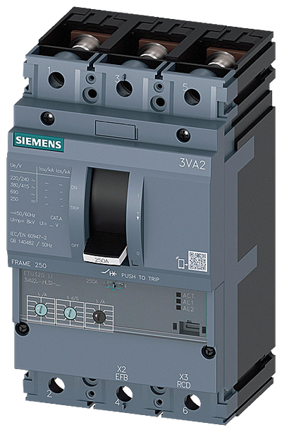 Siemens MCCB_3VA22_3P_55KA_ETU320,LI,IN=160A,IR=64A-160A,II=1,5-12XIN,B