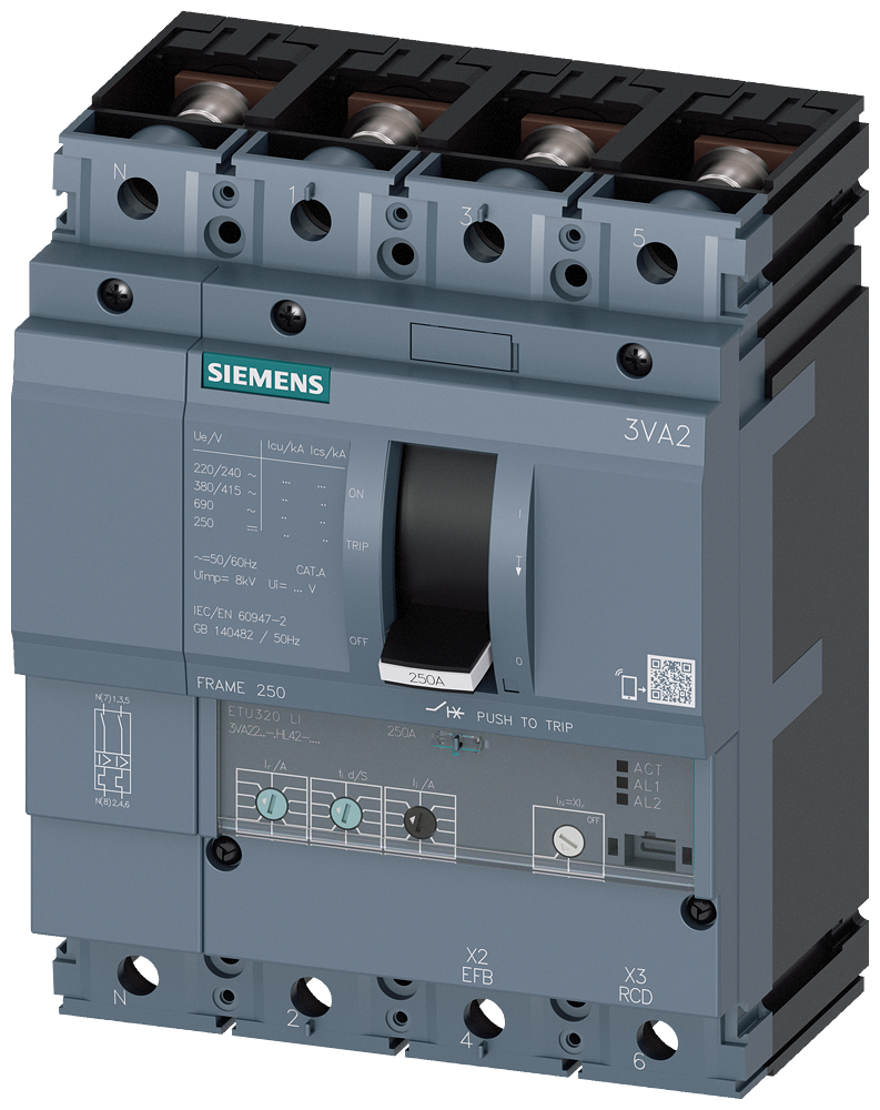 Siemens MCCB_3VA22_4P_55KA_ETU320,LI,IN=160A,IR=64A-160A,II=1,5-12XIN,,B