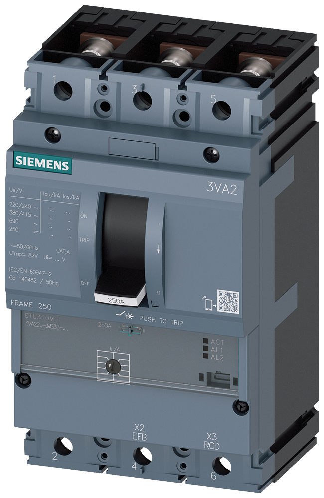 Siemens 3VA22, ETU310M, 3P, 160A, Bolt Connection, 70KA, II=480-2400A, short-circuit protection/starter protection