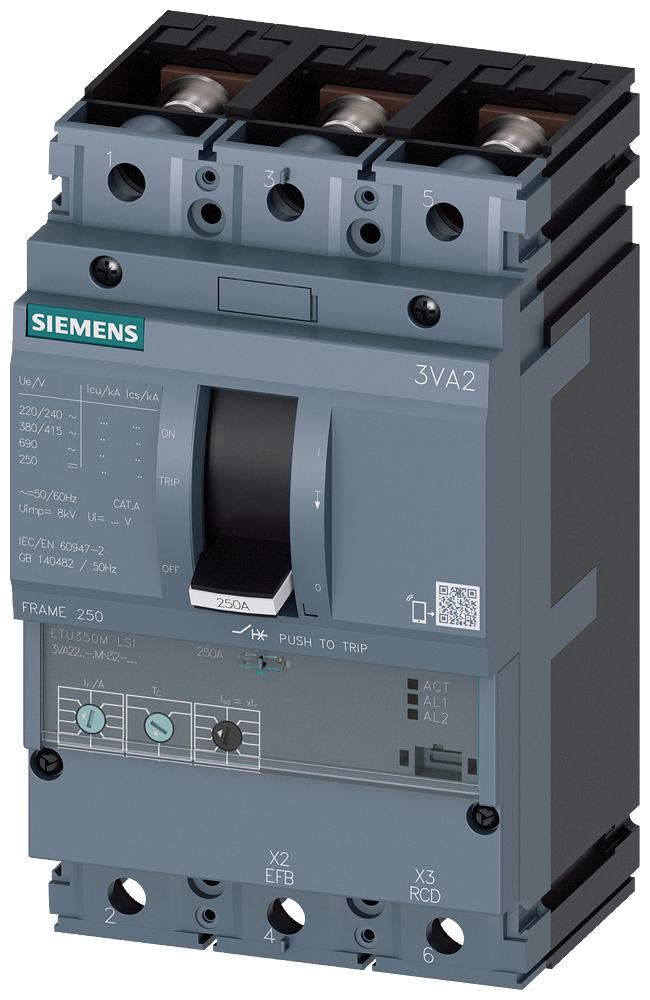 Siemens MCCB_3VA22_200A__3P_55KA_ETU350M,LSI,IN=200A,IR=80A-200A,ISD=3-15XIR,II=15XIN,B