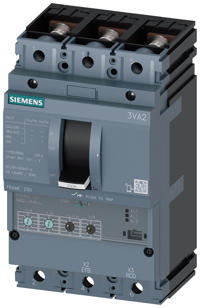 Siemens MCCB_3VA22_3P_55KA_ETU350,LSI,IN=250A,IR=100A-250A,ISD=1,5-10XIR,II=10XIN,B