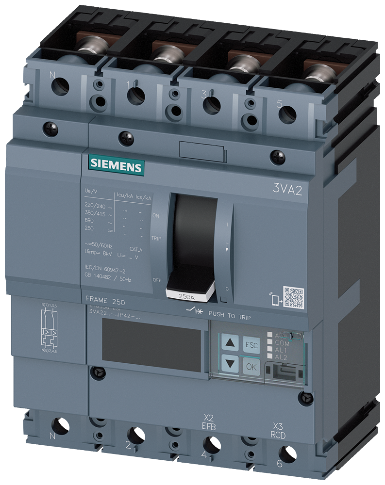 Siemens MCCB_3VA22_4P_55KA_ETU550,LSI,IN=250A,IR=100A-250A,ISD=0,6-10XIN,II=1,5-10XIN,B