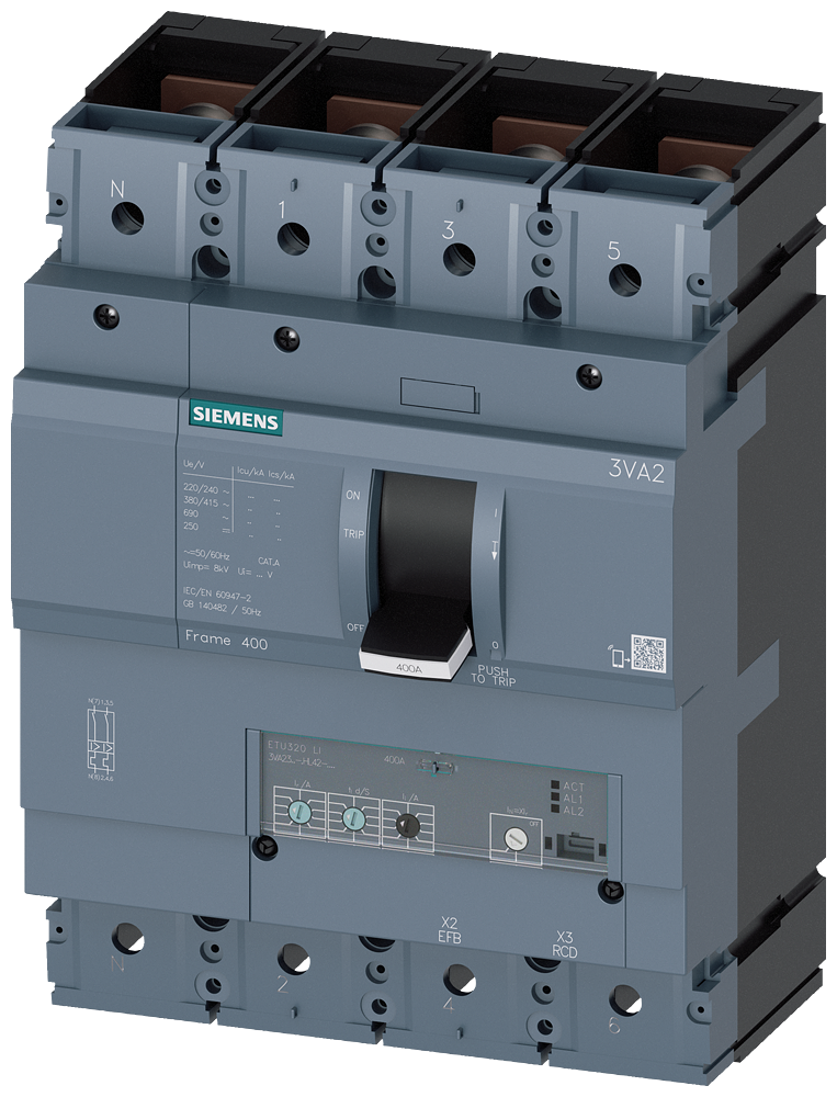 Siemens MCCB_3VA23_4P_55KA_ETU320,LI,IN=400A,IR=160A-400A,II=1,5-10XIN,,B