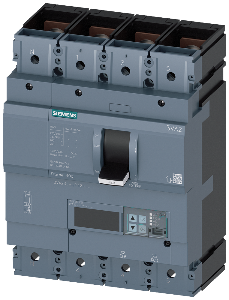 Siemens MCCB_3VA23_4P_55KA_ETU550,LSI,IN=400A,IR=160A-400A,ISD=0,6-10XIN,II=1,5-10XIN,B
