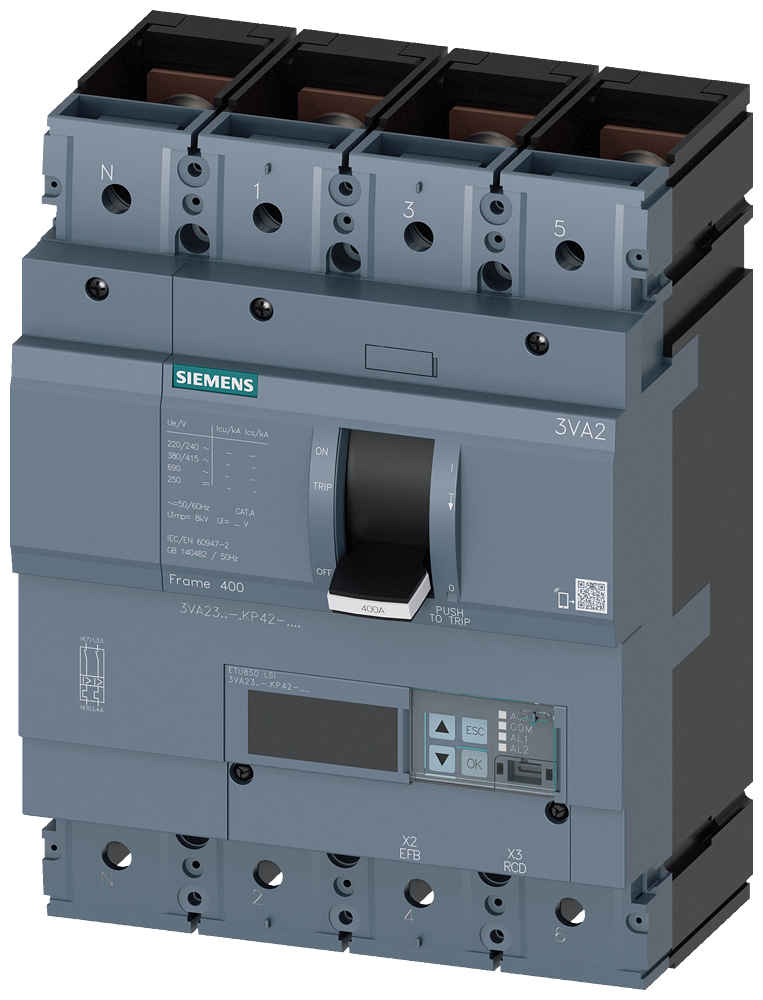 Siemens MCCB_3VA23_4P_55KA_ETU850,LSI,IN=400A,IR=160A-400A,ISD=0,6-10XIN,II=1,5-10XIN,B