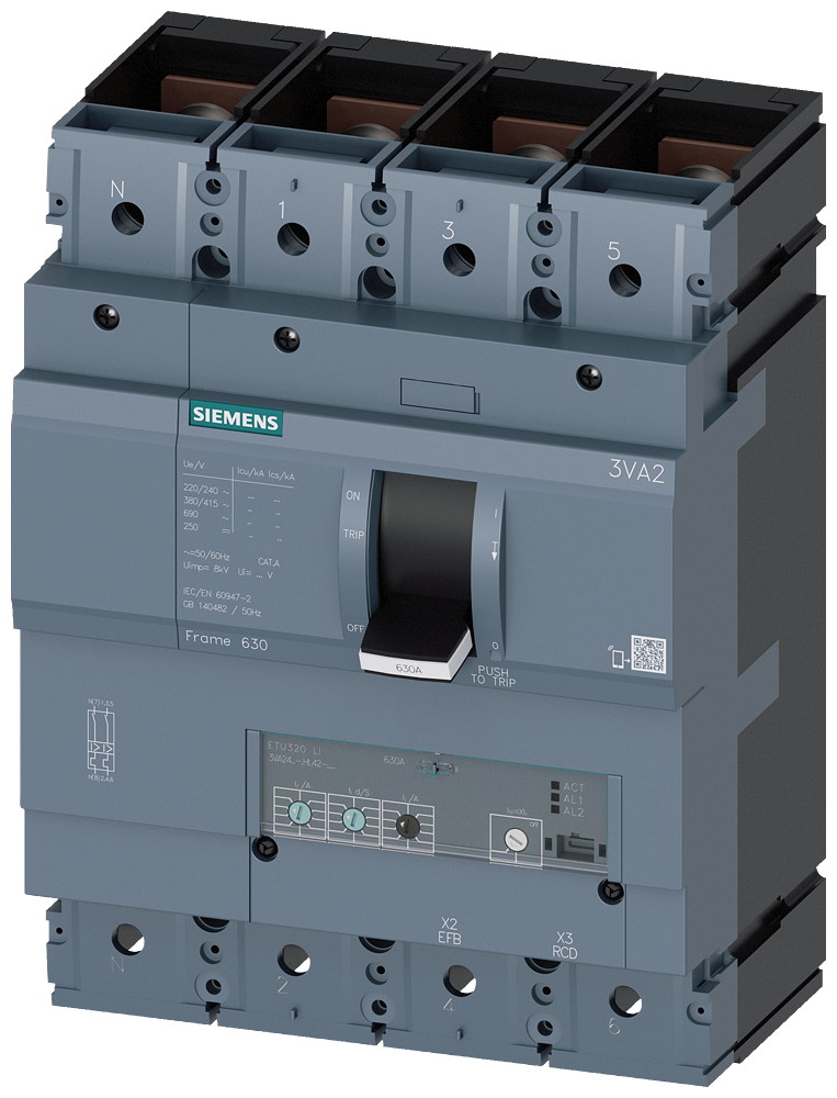 Siemens MCCB_3VA24_4P_55KA_ETU320,LI,IN=400A,IR=160A-400A,II=1,5-12XIN,,B