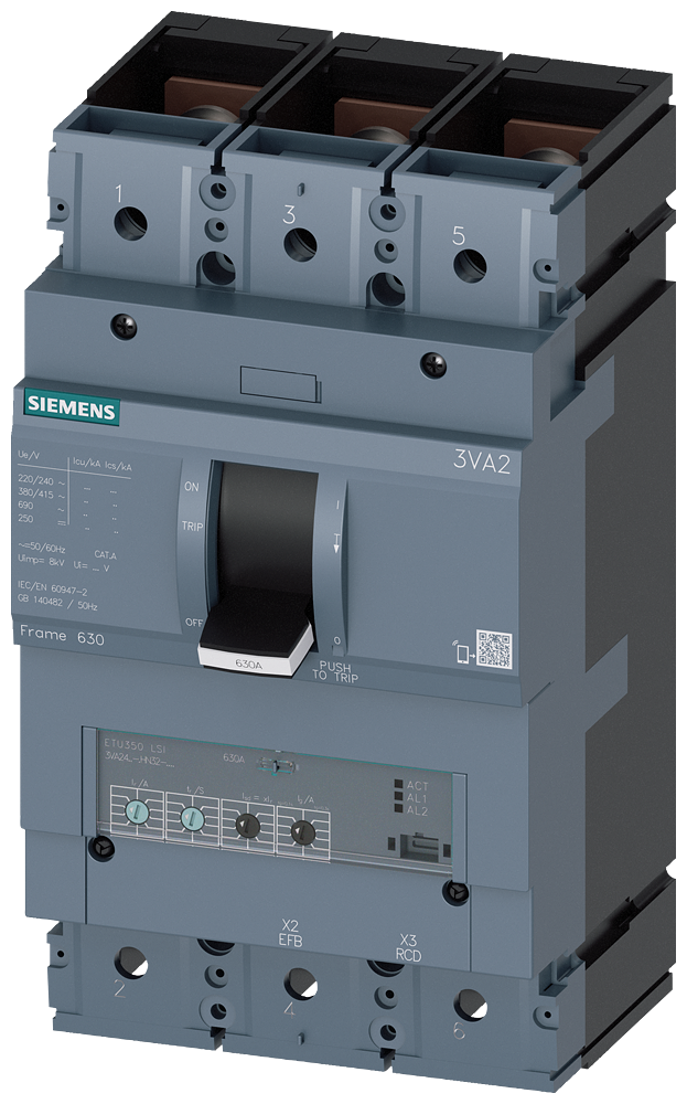 Siemens MCCB_3VA24_3P_55KA_ETU350,LSI,IN=400A,IR=160A-400A,ISD=1,5-10XIR,II=12XIN,B