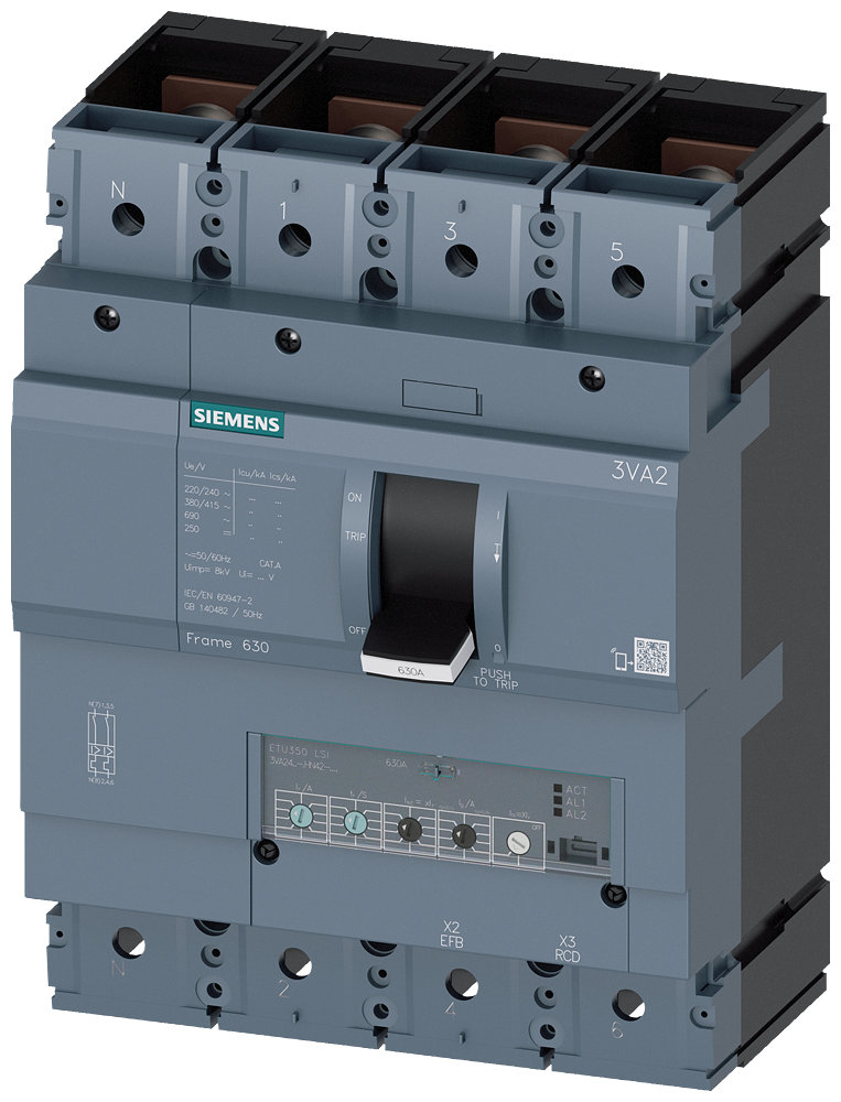 Siemens MCCB_3VA24_4P_55KA_ETU350,LSI,IN=400A,IR=160A-400A,ISD=1,5-10XIR,II=12XIN,,B
