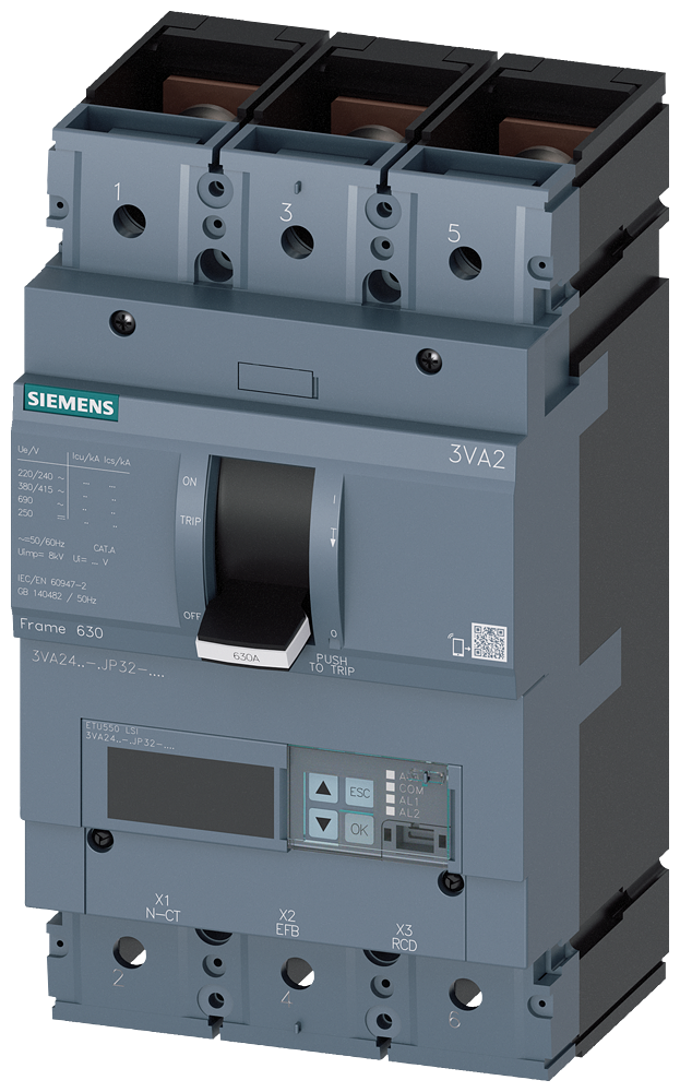 Siemens MCCB_3VA24_3P_55KA_ETU550,LSI,IN=400A,IR=160A-400A,ISD=0,6-10XIN,II=1,5-15XIN,B
