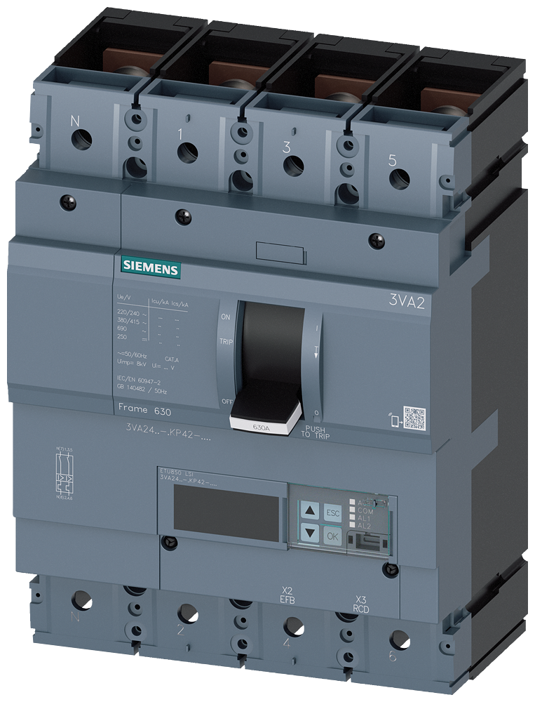 Siemens MCCB_3VA24_4P_55KA_ETU850,LSI,IN=400A,IR=160A-400A,ISD=0,6-10XIN,II=1,5-15XIN,B