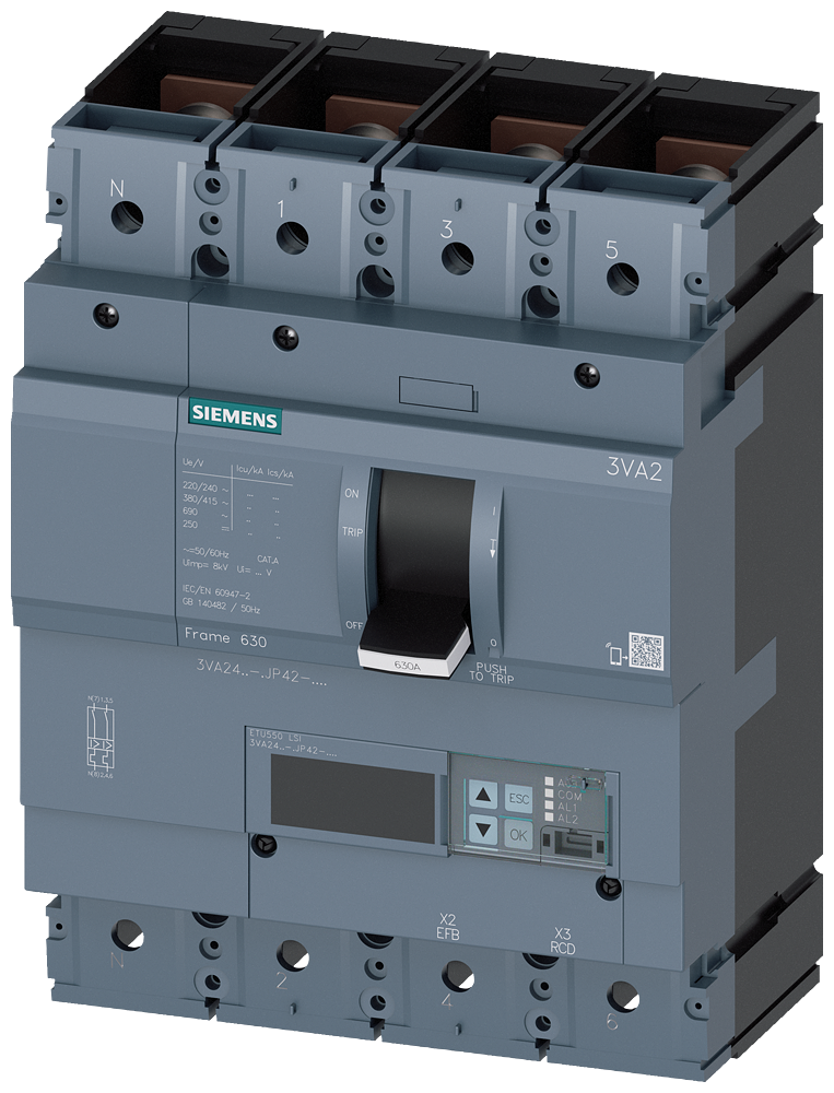 Siemens MCCB_3VA24_4P_55KA_ETU550,LSI,IN=500A,IR=200A-500A,ISD=0,6-10XIN,II=1,5-14XIN,B