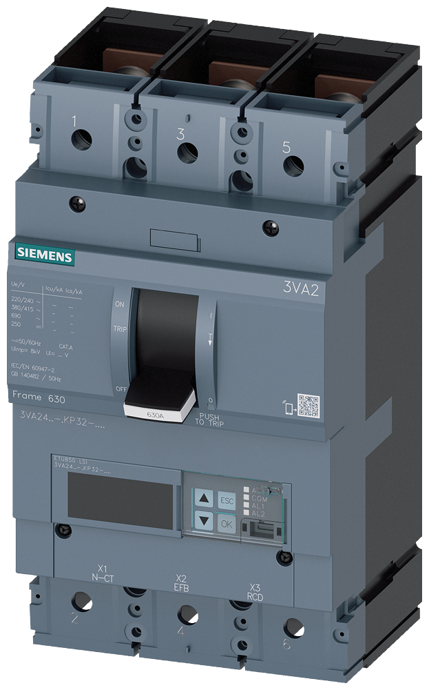 Siemens MCCB_3VA24_3P_55KA_ETU850,LSI,IN=500A,IR=200A-500A,ISD=0,6-10XIN,II=1,5-14XIN,B