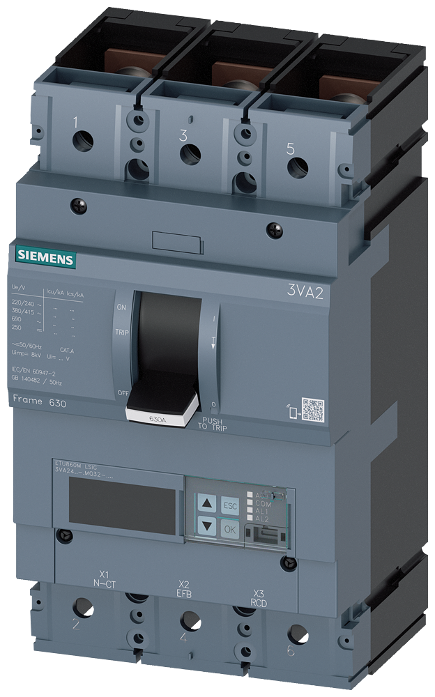 Siemens MCCB_3VA24_3P_55KA_ETU860M,LSIG,IN=500A,IR=200A-500A,ISD=1,2-15XIN,II=15XIN,IG=0,2-1XIN,,B