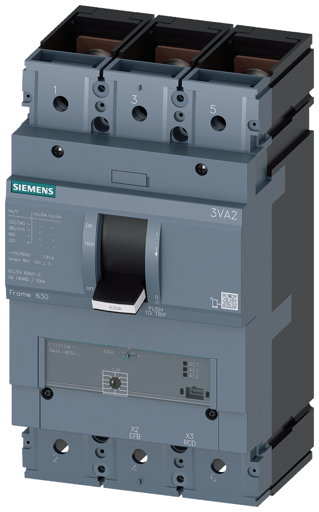 Siemens 3VA24, ETU310M, 3P, 500A, Bolt Connection, 70KA, II=1500-7500A, short-circuit protection/starter protection