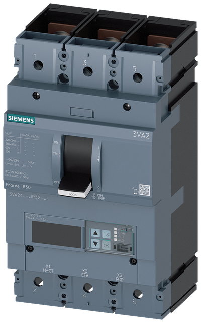 Siemens MCCB_3VA24_3P_55KA_ETU550,LSI,IN=630A,IR=252A-630A,ISD=0,6-10XIN,II=1,5-10XIN,B