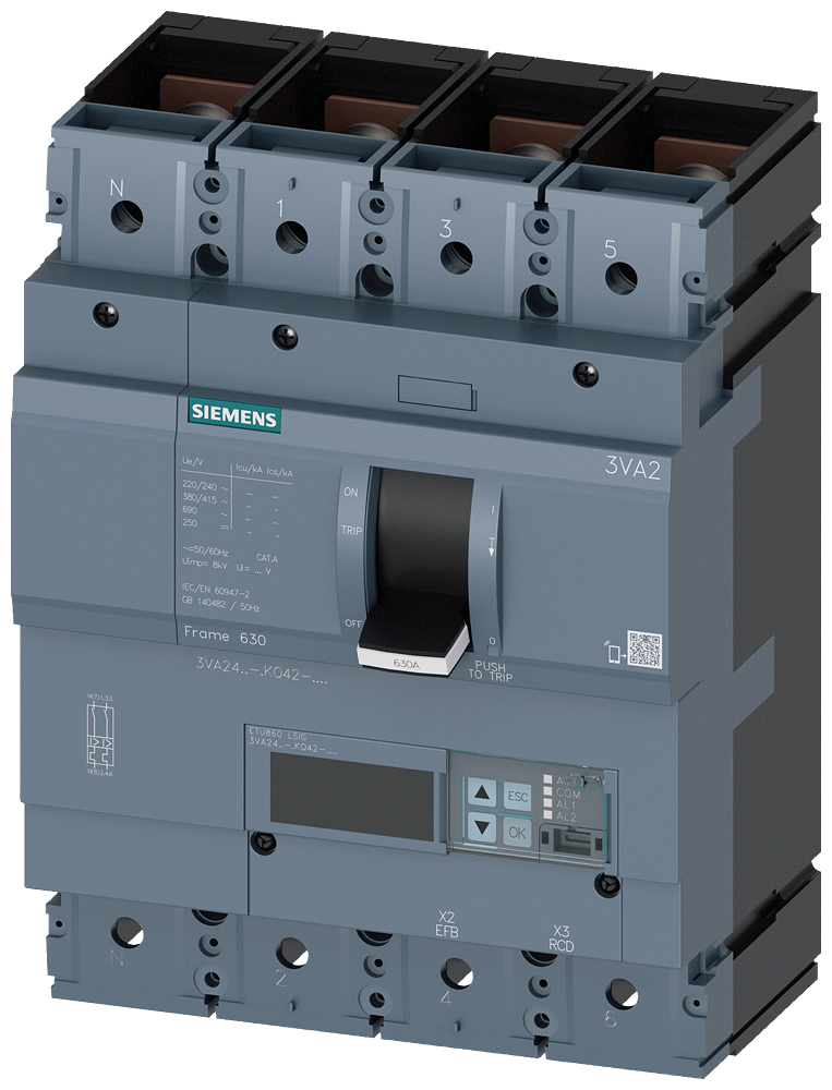 Siemens MCCB_3VA24_4P_55KA_ETU860,LSIG,IN=630A,IR=252A-630A,ISD=0,6-10XIN,II=1,5-10XIN,IG=0,2-1XIN,,B